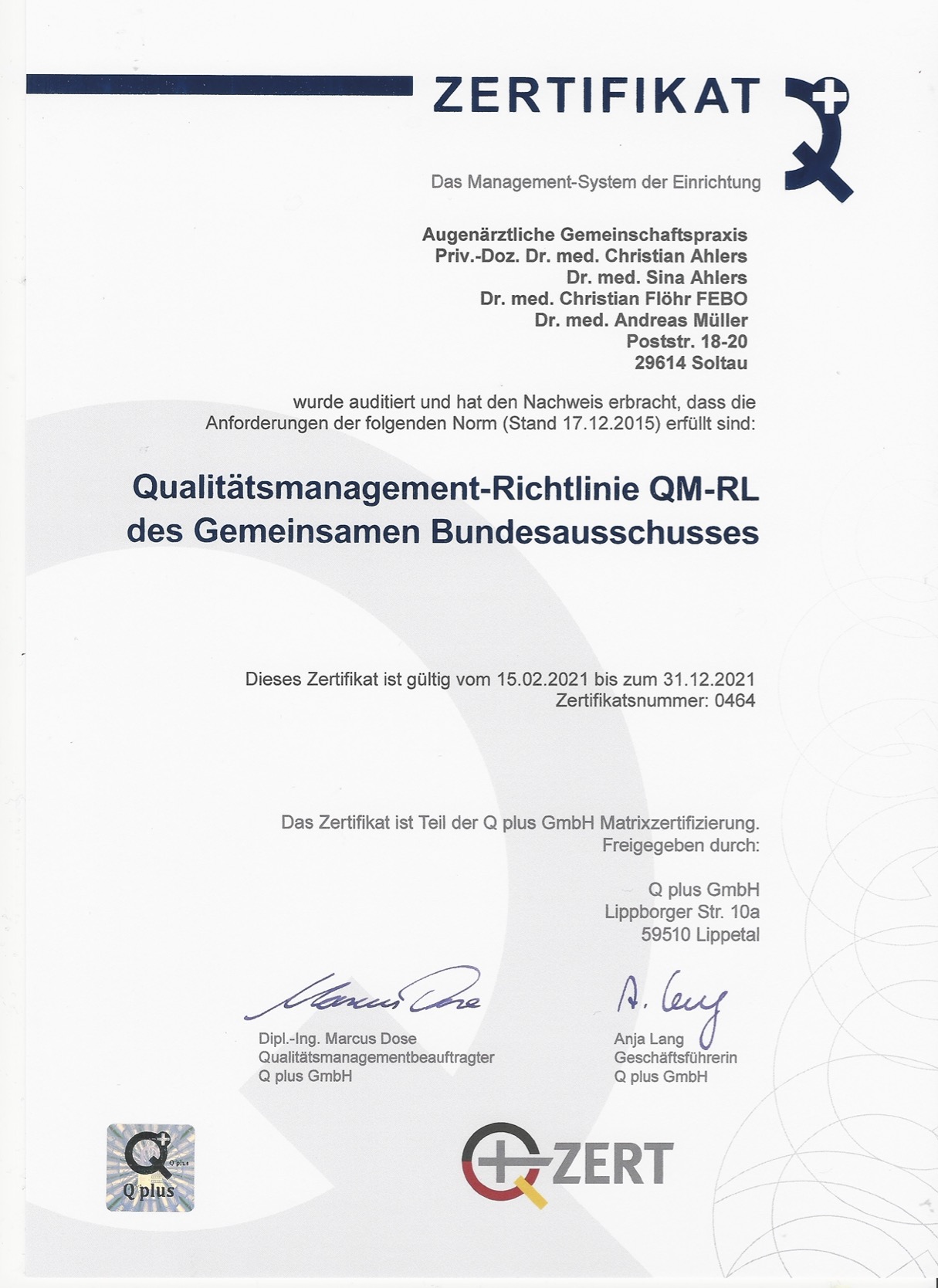 QM Zertifikat der Augenpartner in Soltau