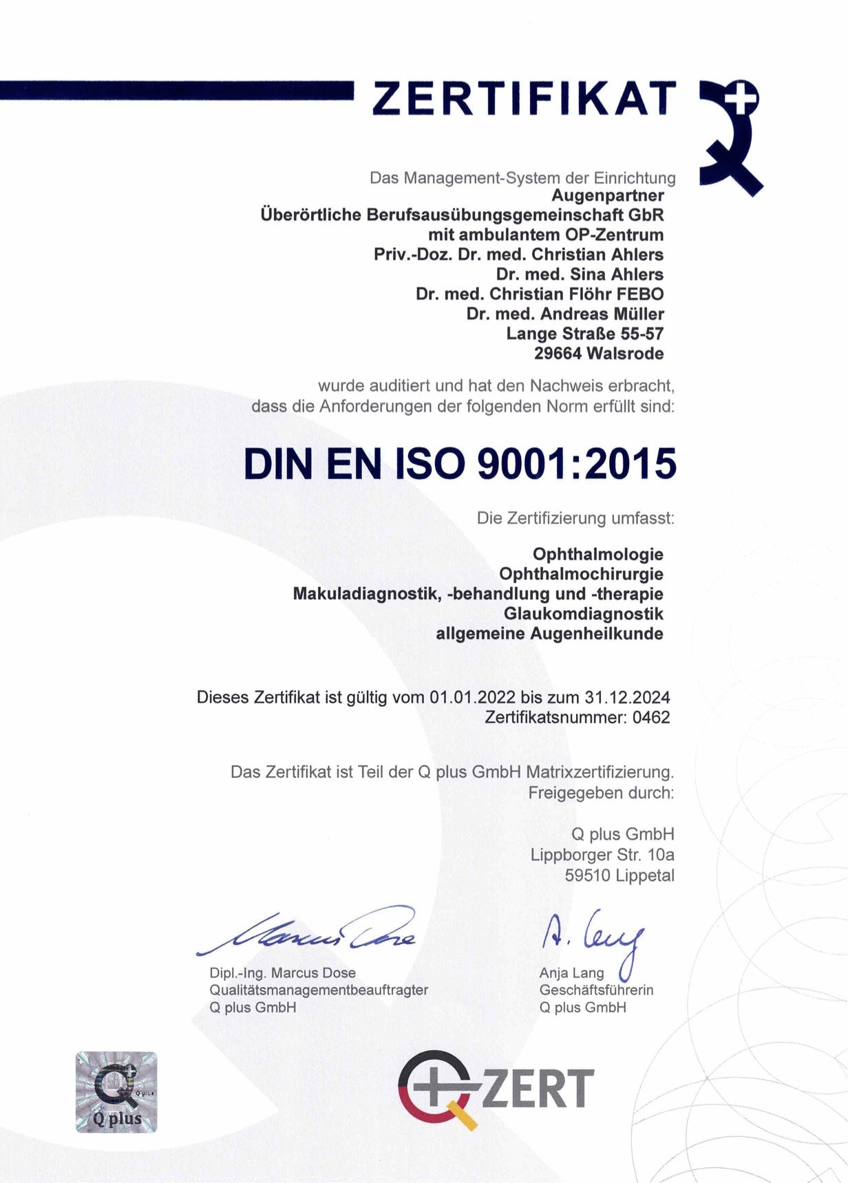 ISO Zertifikat Augenpartner Walsrode 